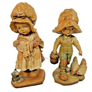 Pair Signed ANRI Sarah Kay Wood Figurines Morning Chores & Helping Mother 1983